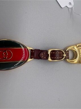 Vintage Gucci GG Enamel Key Ring Red Green Leather Gold Tone with COA